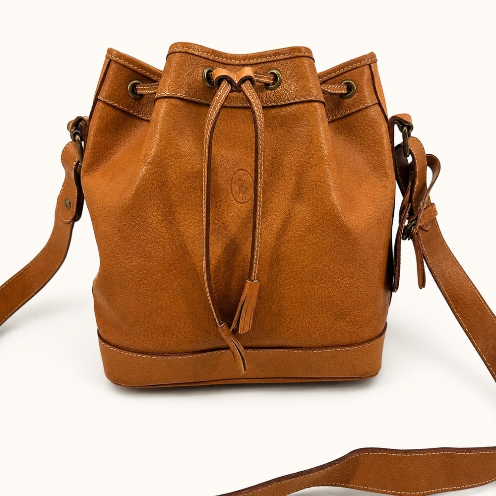 Vintage Polo Ralph Lauren Leather Bucket Bag Made Italy Cognac Drawstring Purse